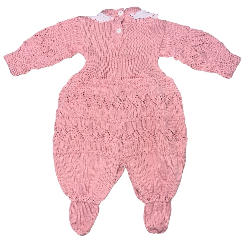 EUC Vintage Pink Knit Baby One-Piece Romper Peter Pan Collar Pink Bow 3-6 Month - Picture 3 of 6